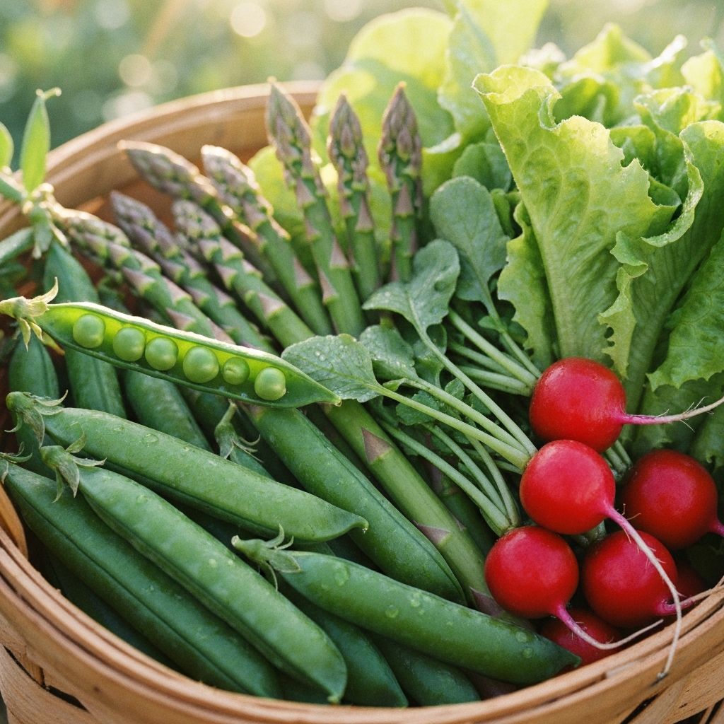 Свежие весенние овощи в плетённой корзине